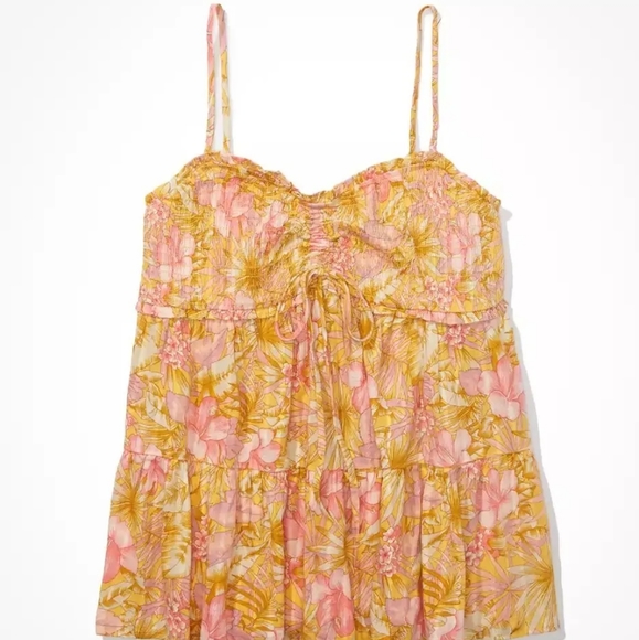 L American Eagle Smocked Yellow Orange Floral babydoll Tank Lrg - Picture 4 of 7